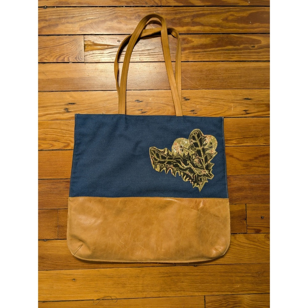 Hearth & Hand Tote Bag Navy Tan Leather Canvas Botanical Farmhouse Cottagecore